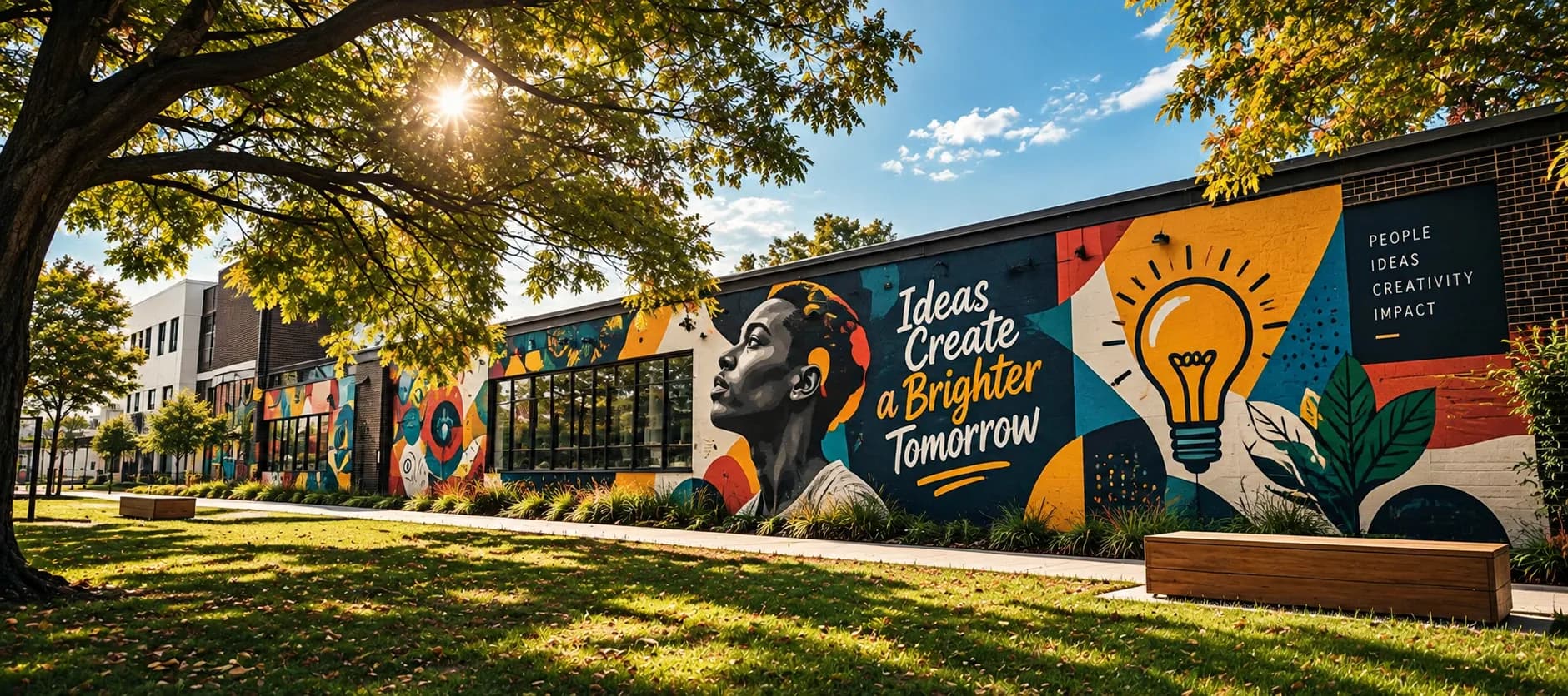 'Ideas create a brighter tomorrow' mural on a sunlit building